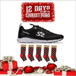 Obsolete Stock - 12 Days of Christmas Salming Enroute 3 Running Shoes Women Black and 5 Pack Jingle Balls Socks for Squash